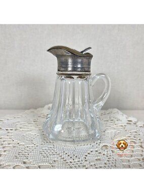 Antique EAPG Glass Syrup Pitcher With Hinged Silver-Tone Lid And Handle Elegant